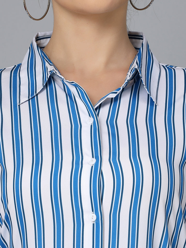 Style Quotient Women White and Blue Striped Regular Formal Shirt-Shirts-StyleQuotient