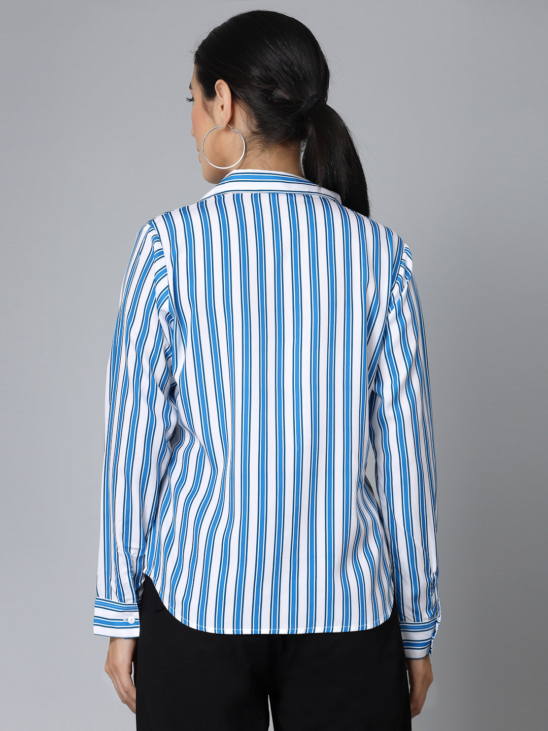 Style Quotient Women White and Blue Striped Regular Formal Shirt-Shirts-StyleQuotient