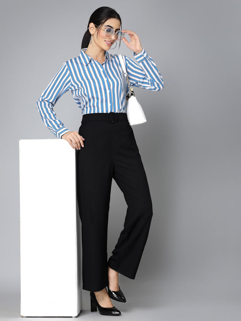 Style Quotient Women White and Blue Striped Regular Formal Shirt-Shirts-StyleQuotient