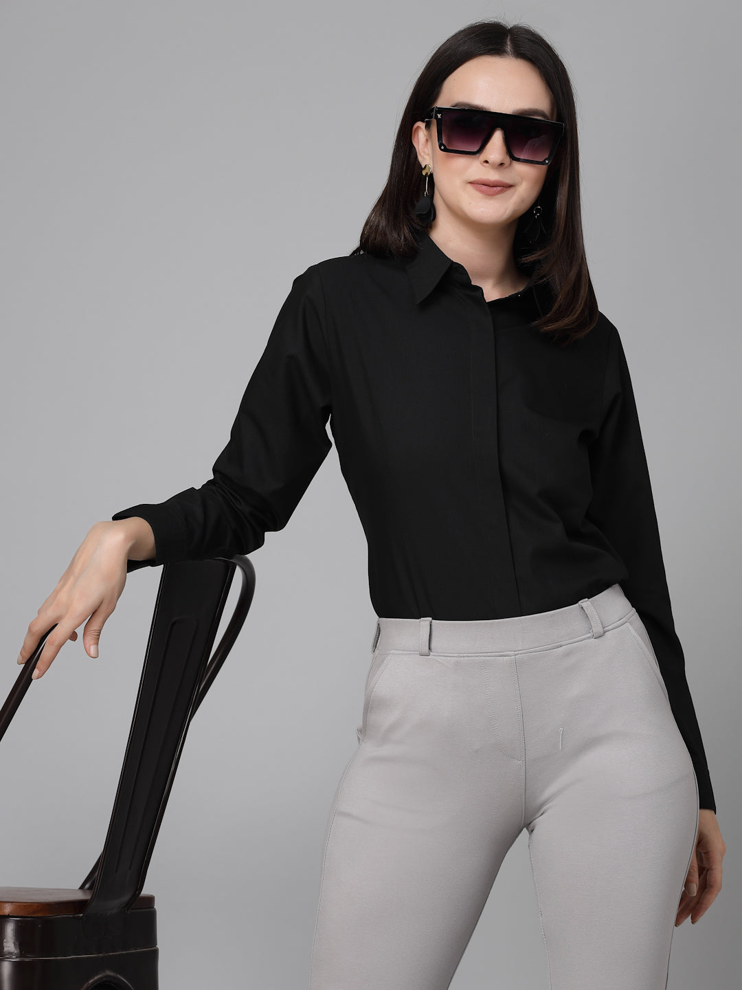 Style Quotient Women Black Cotton Blend Formal Long Sleeve Shirt-Shirts-StyleQuotient