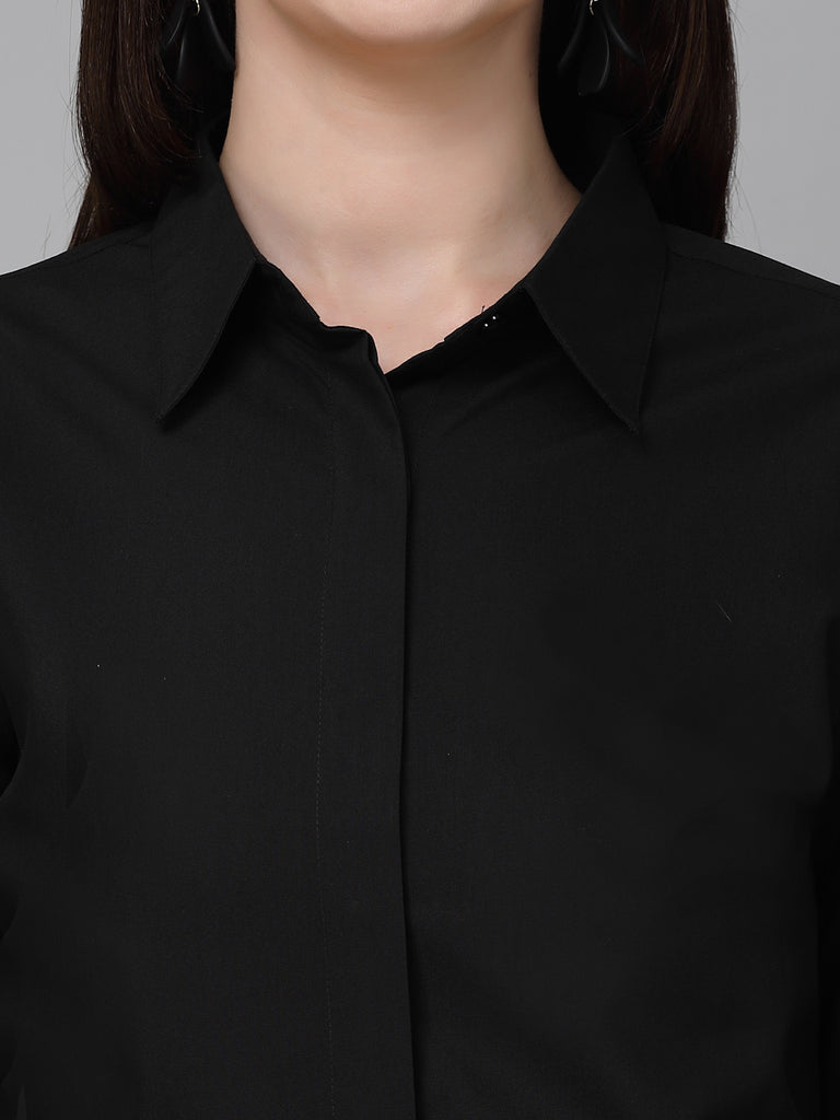 Style Quotient Women Black Cotton Blend Formal Long Sleeve Shirt-Shirts-StyleQuotient