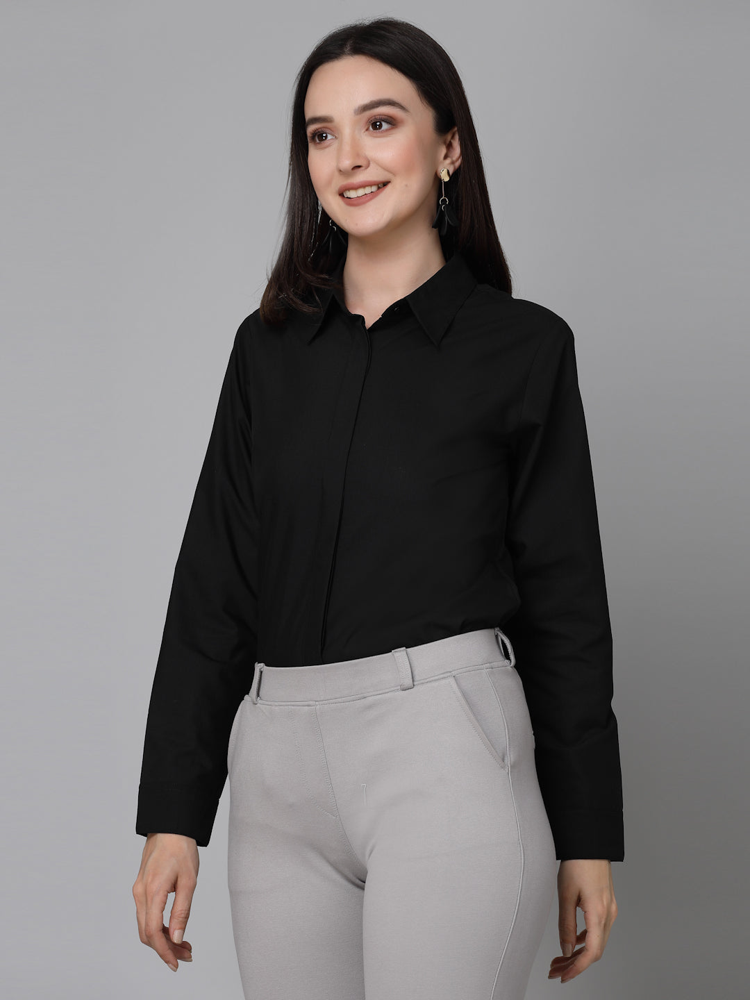 Style Quotient Women Black Cotton Blend Formal Long Sleeve Shirt-Shirts-StyleQuotient