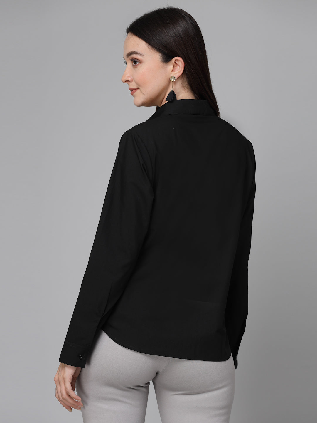 Style Quotient Women Black Cotton Blend Formal Long Sleeve Shirt-Shirts-StyleQuotient