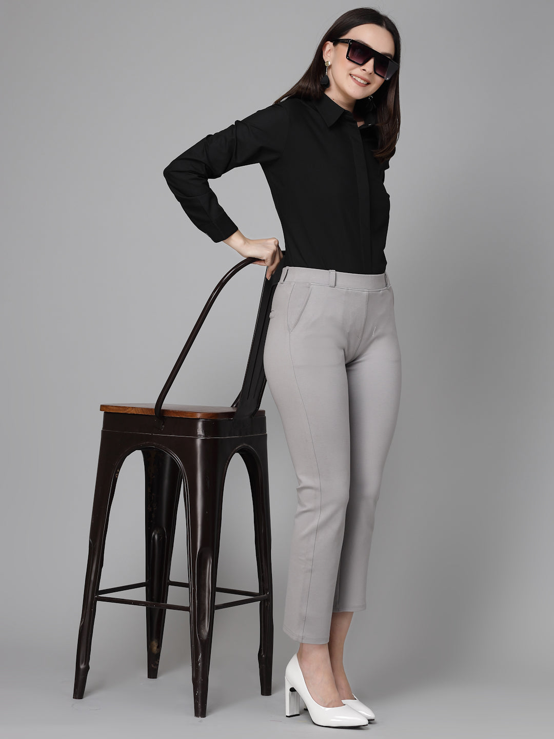 Style Quotient Women Black Cotton Blend Formal Long Sleeve Shirt-Shirts-StyleQuotient