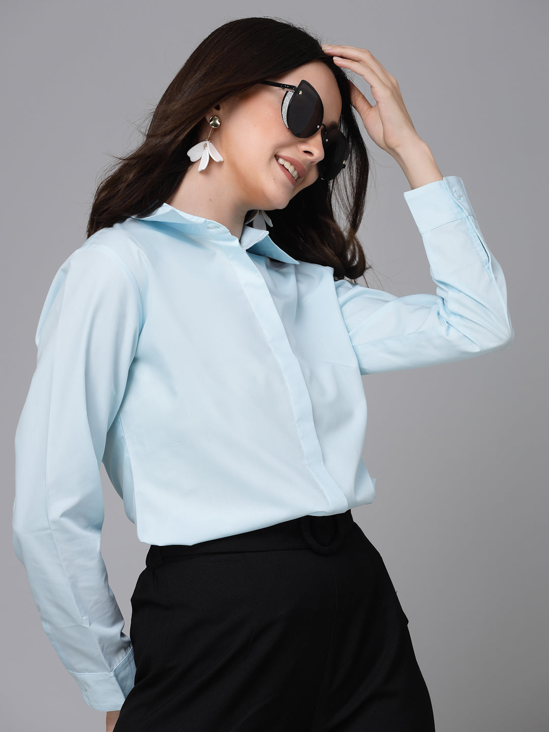 Style Quotient Women Light Blue Cotton Blend Formal Long Sleeve Shirt-Shirts-StyleQuotient