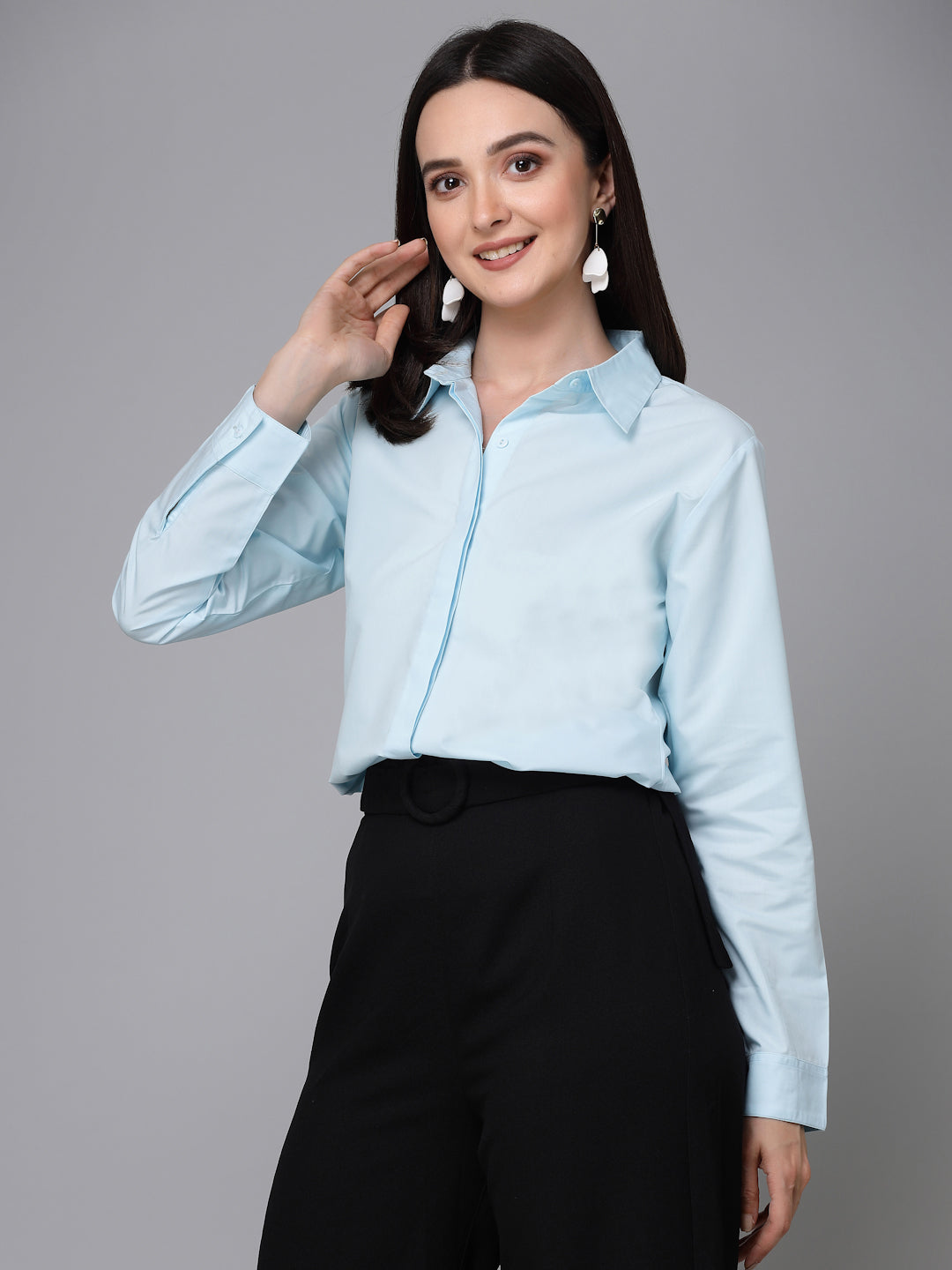 Style Quotient Women Light Blue Cotton Blend Formal Long Sleeve Shirt-Shirts-StyleQuotient