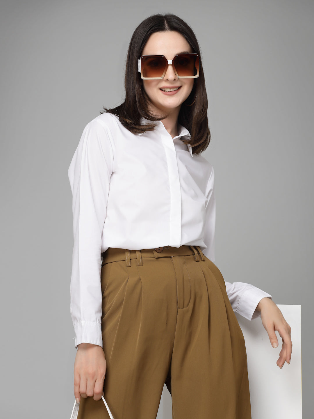 Style Quotient Women White Cotton Blend Formal Long Sleeve Shirt-Shirts-StyleQuotient