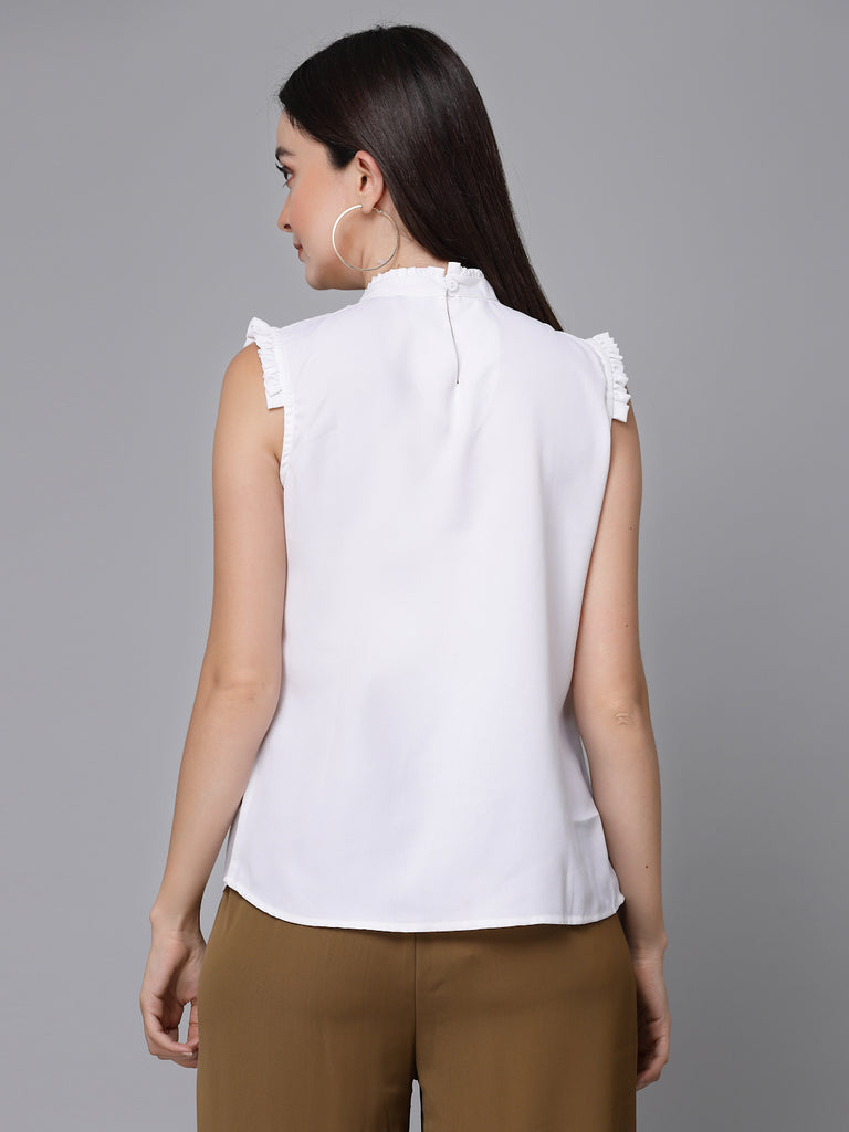 Style Quotient Women Solid White Polyester Smart Casual Top-Tops-StyleQuotient