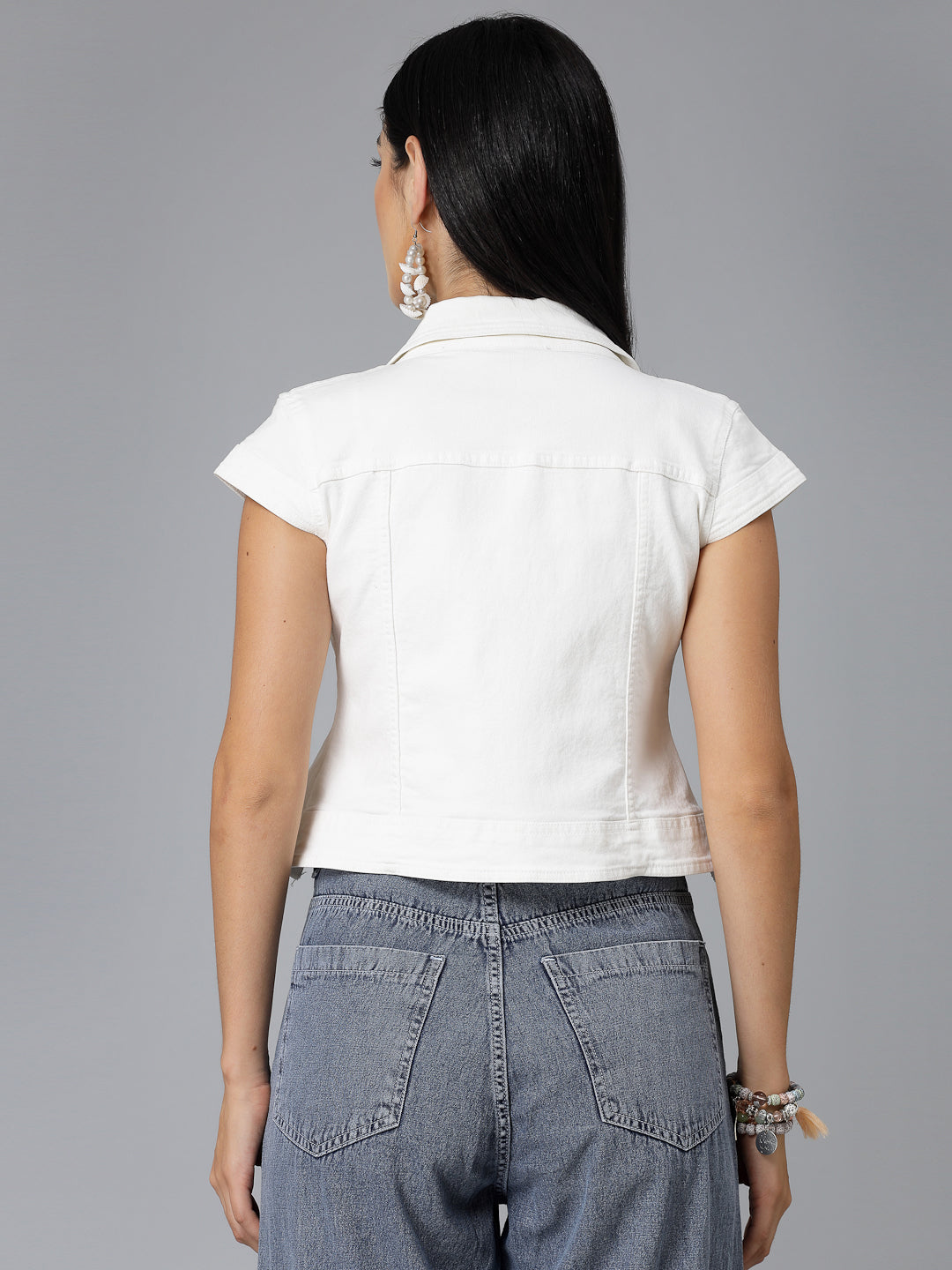 Style Quotient Women Off White Denim Open Front Regular Shrug-Shrug-StyleQuotient