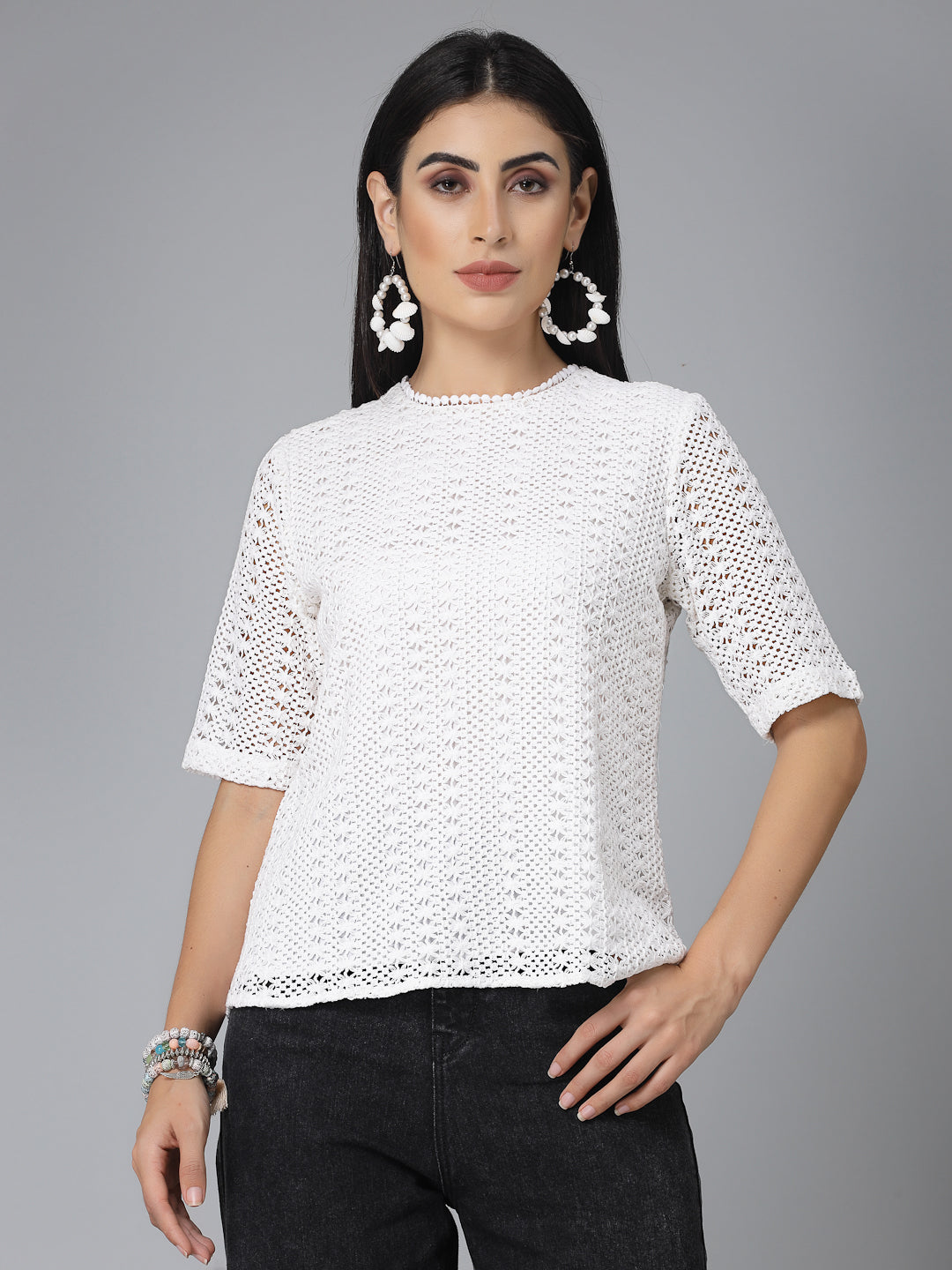 Style Quotient Women Smart Casual White Lace Top-Tops-StyleQuotient