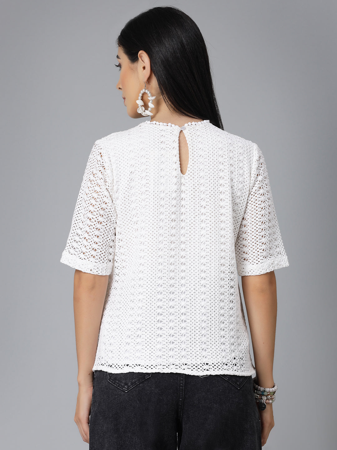 Style Quotient Women Smart Casual White Lace Top-Tops-StyleQuotient