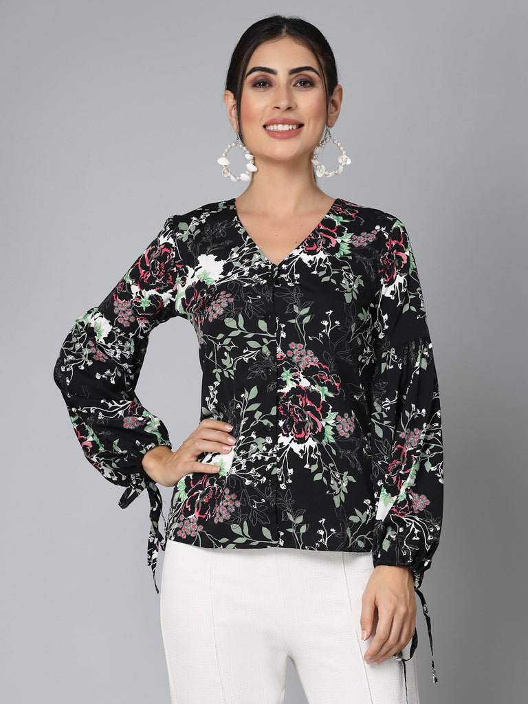 Style Quotient Women Black Floral Polyester Smart Casual Top-Tops-StyleQuotient