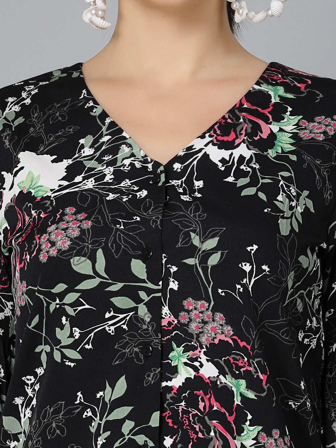 Style Quotient Women Black Floral Polyester Smart Casual Top-Tops-StyleQuotient