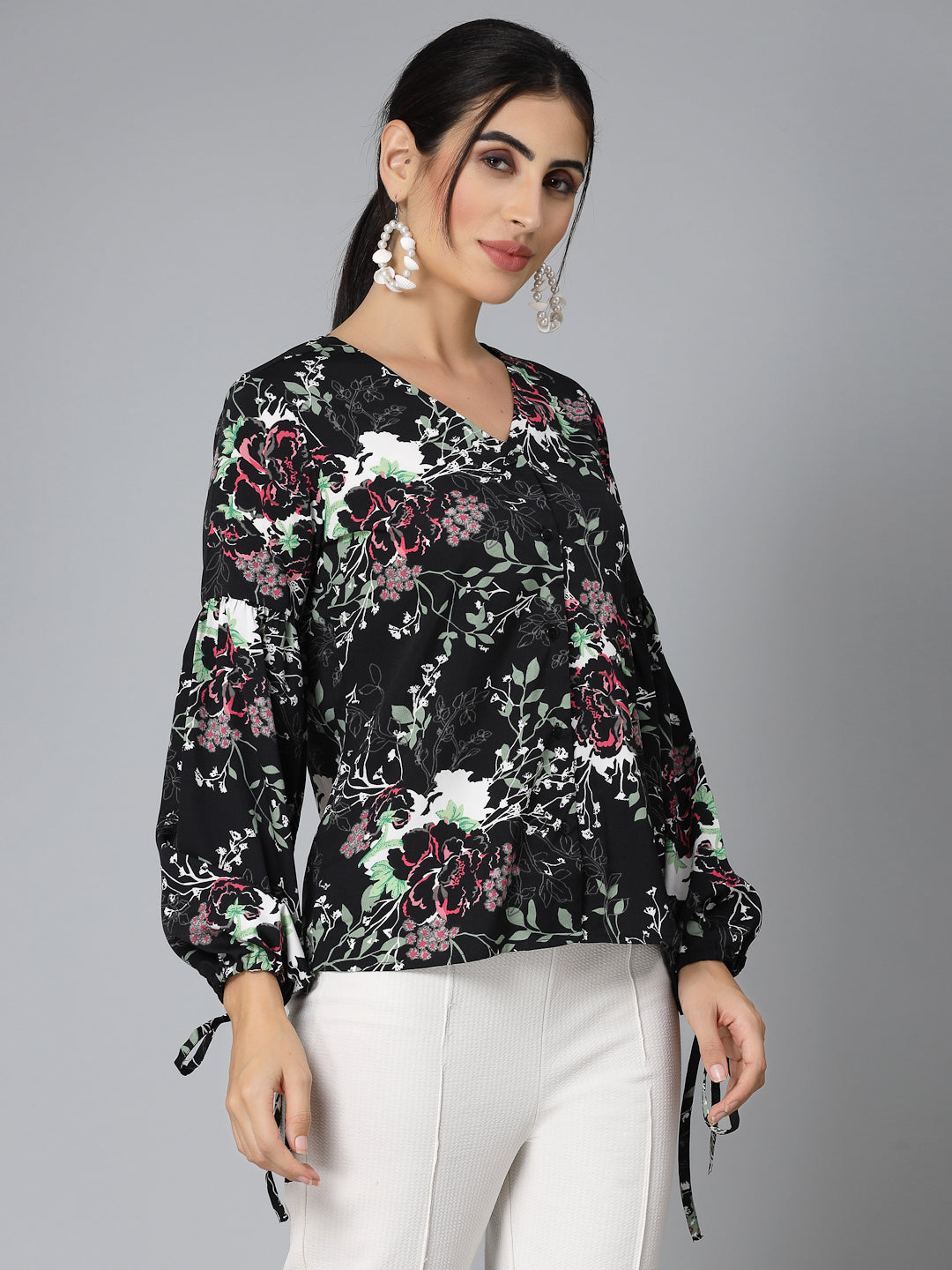 Style Quotient Women Black Floral Polyester Smart Casual Top-Tops-StyleQuotient