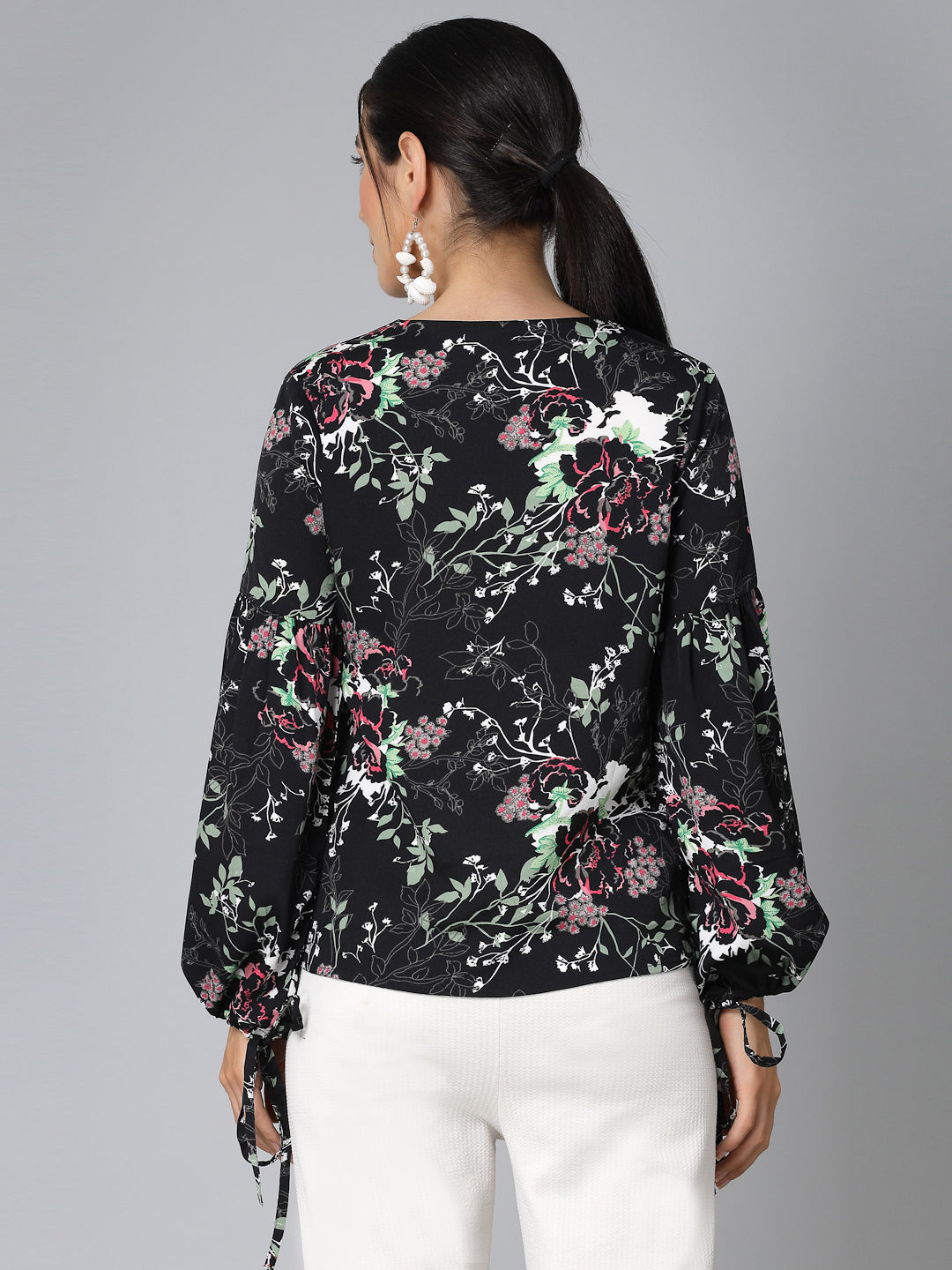 Style Quotient Women Black Floral Polyester Smart Casual Top-Tops-StyleQuotient