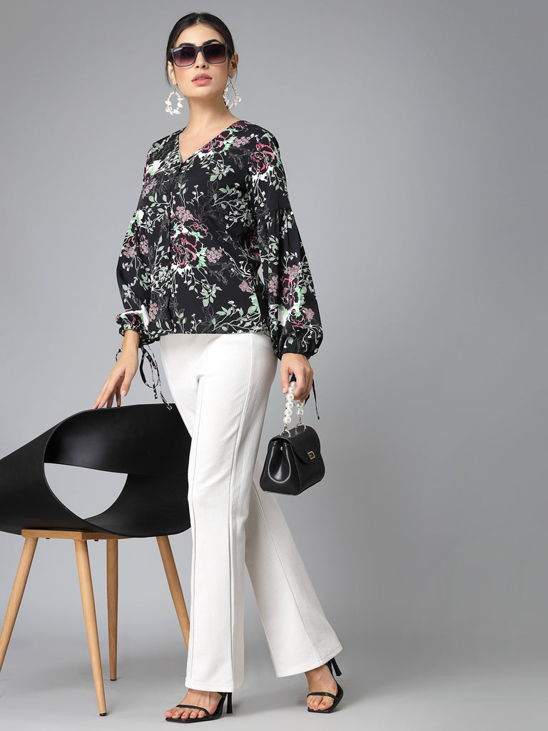 Style Quotient Women Black Floral Polyester Smart Casual Top-Tops-StyleQuotient