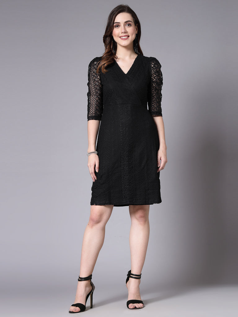 Style Quotient Women Smart Casual Black Overlap Lace Dress-Dressers-StyleQuotient