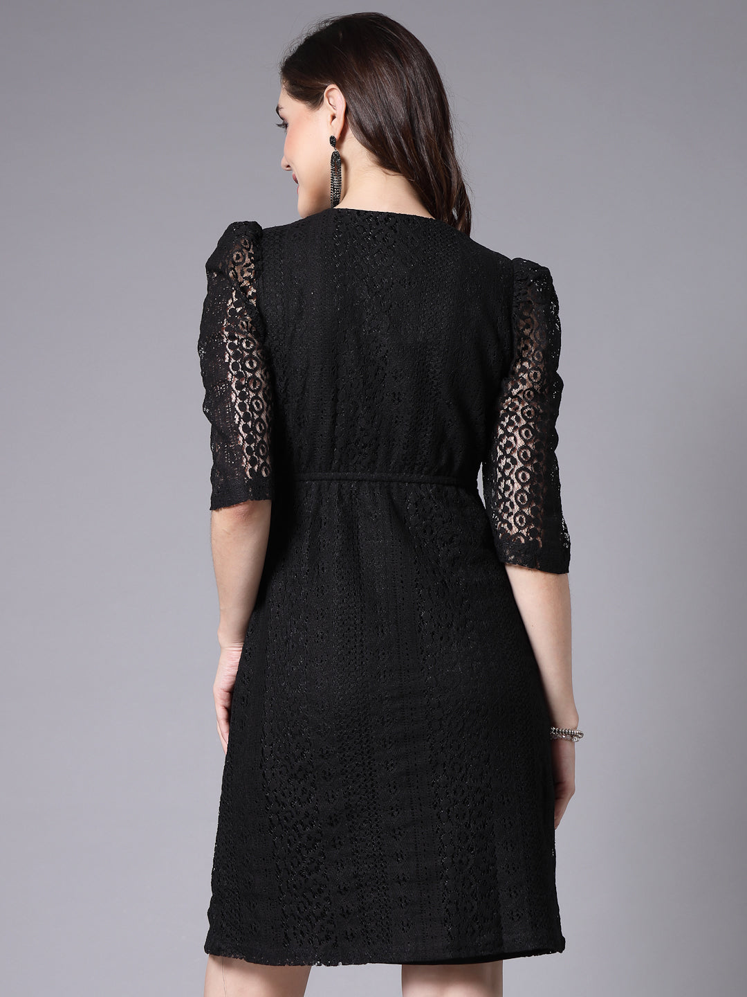 Style Quotient Women Smart Casual Black Overlap Lace Dress-Dressers-StyleQuotient