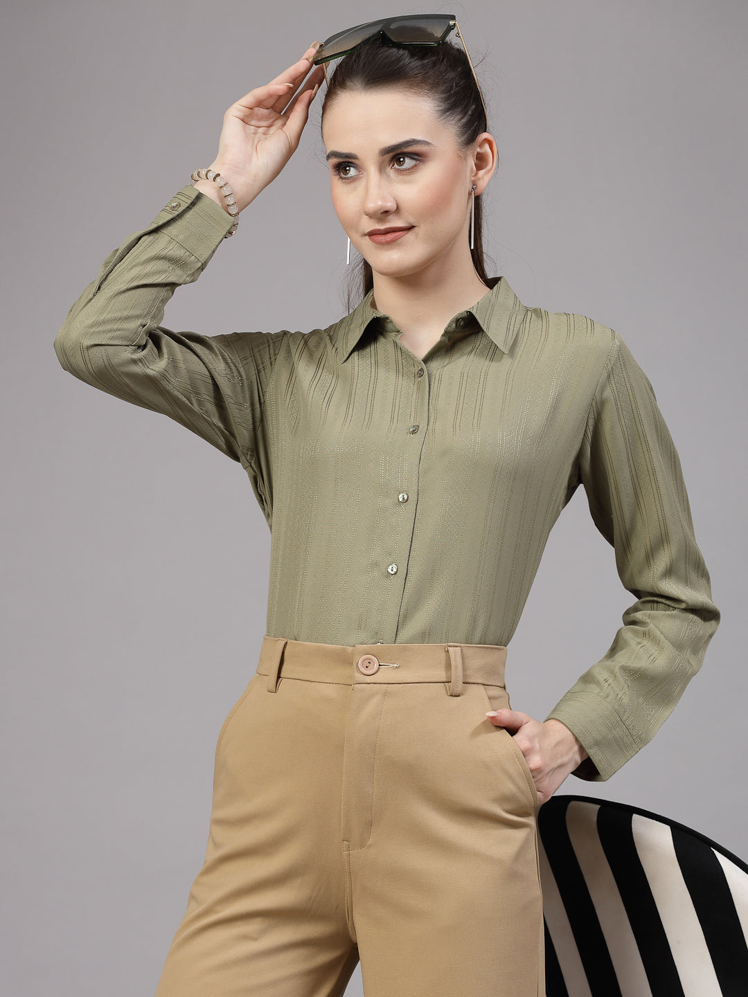 Style Quotient Women Olive Self Design Polyester Formal Shirt-Shirts-StyleQuotient