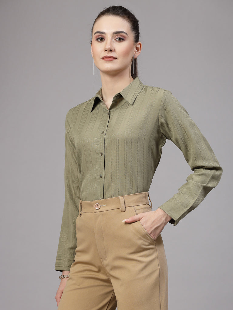 Style Quotient Women Olive Self Design Polyester Formal Shirt-Shirts-StyleQuotient