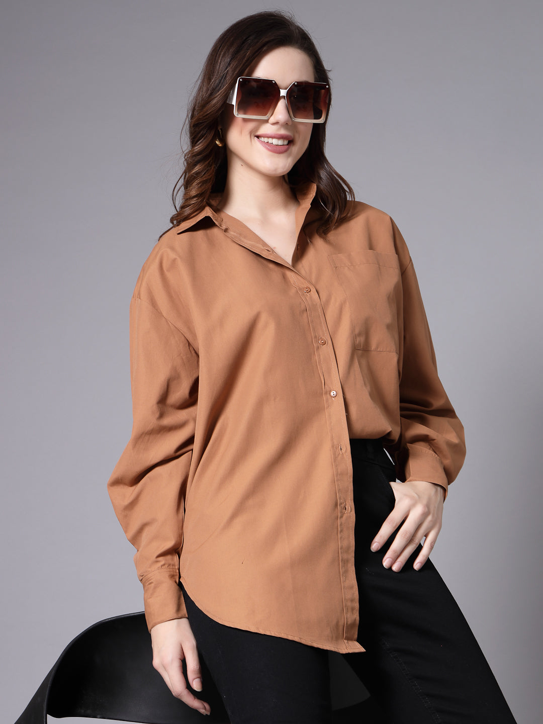 Style Quotient Women Solid Tan Cotton Smart Casual Oversized Shirt-Shirts-StyleQuotient