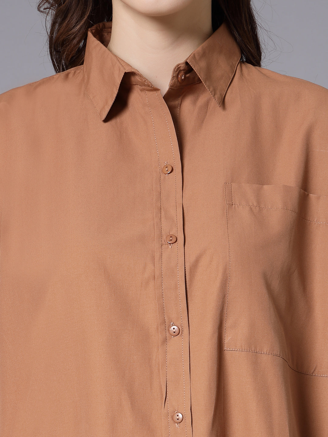 Style Quotient Women Solid Tan Cotton Smart Casual Oversized Shirt-Shirts-StyleQuotient