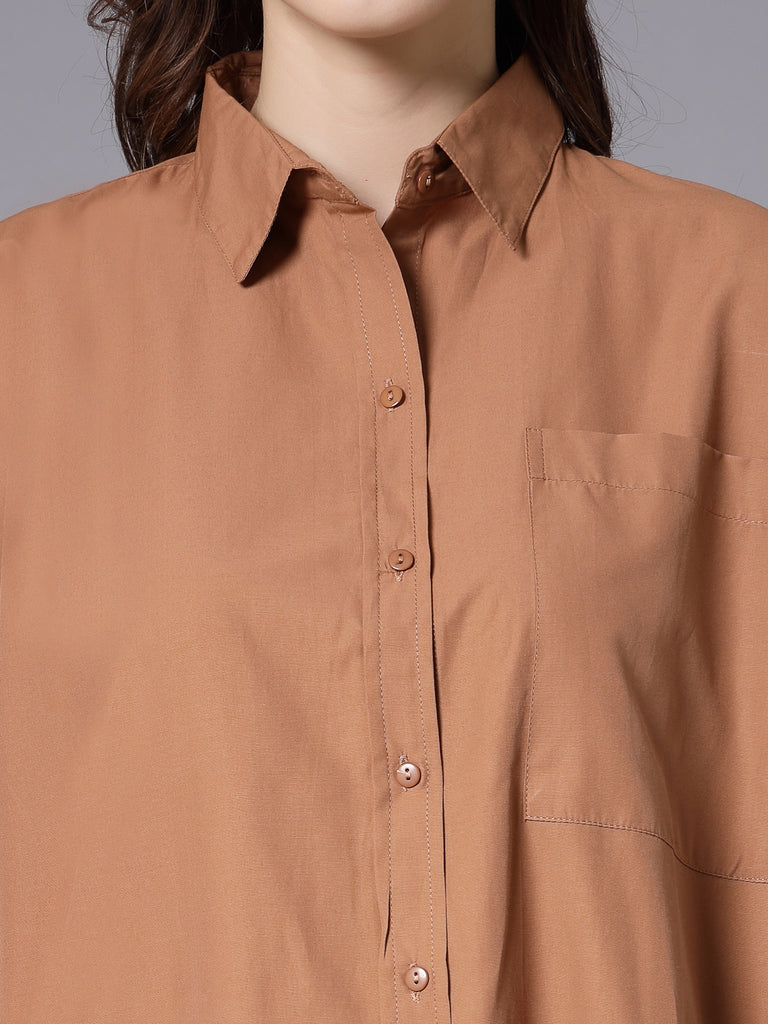 Style Quotient Women Solid Tan Cotton Smart Casual Oversized Shirt-Shirts-StyleQuotient