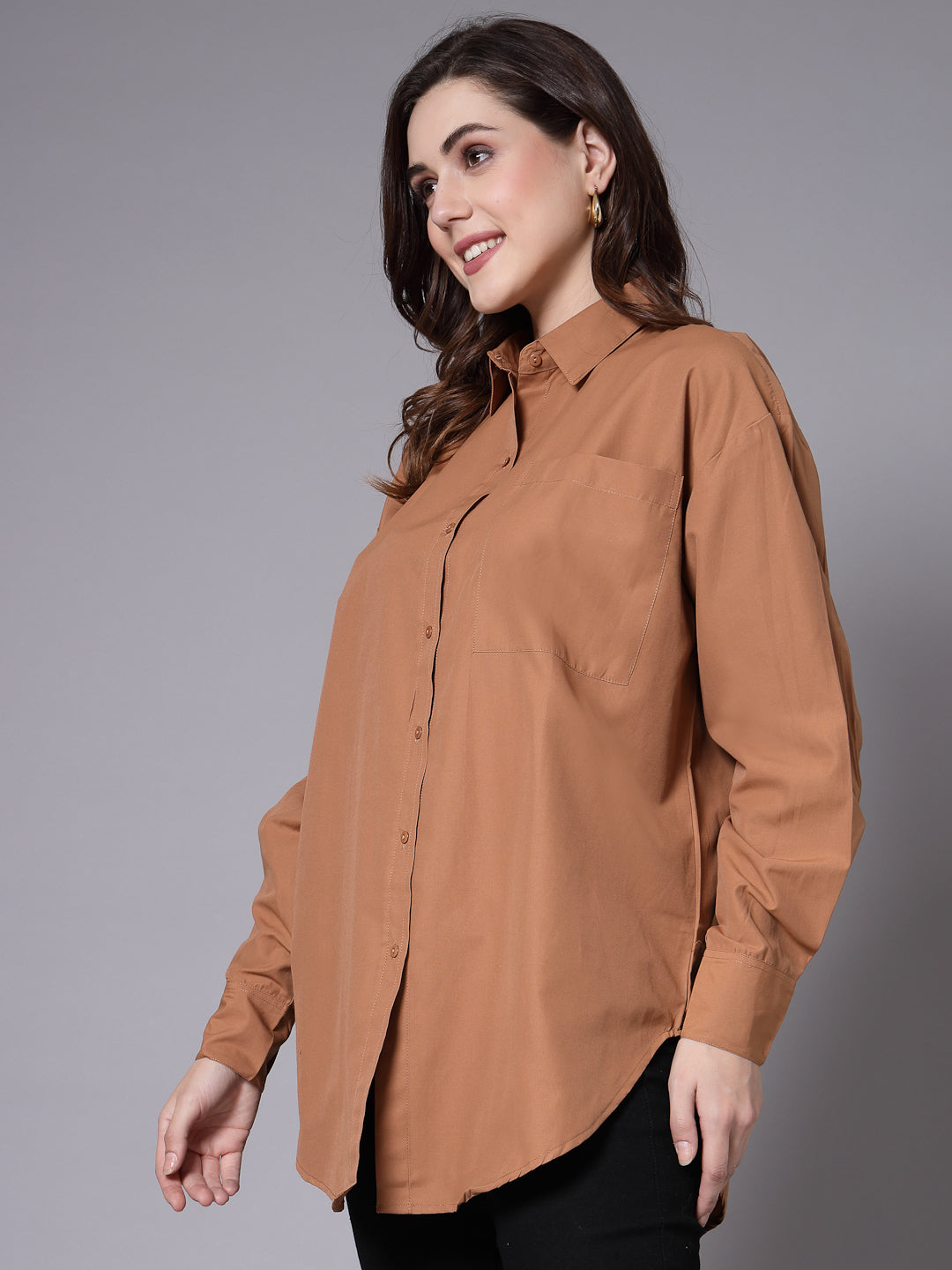 Style Quotient Women Solid Tan Cotton Smart Casual Oversized Shirt-Shirts-StyleQuotient