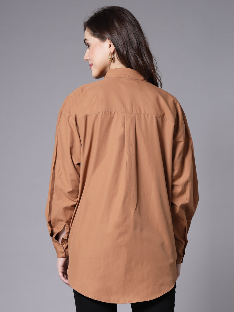 Style Quotient Women Solid Tan Cotton Smart Casual Oversized Shirt-Shirts-StyleQuotient