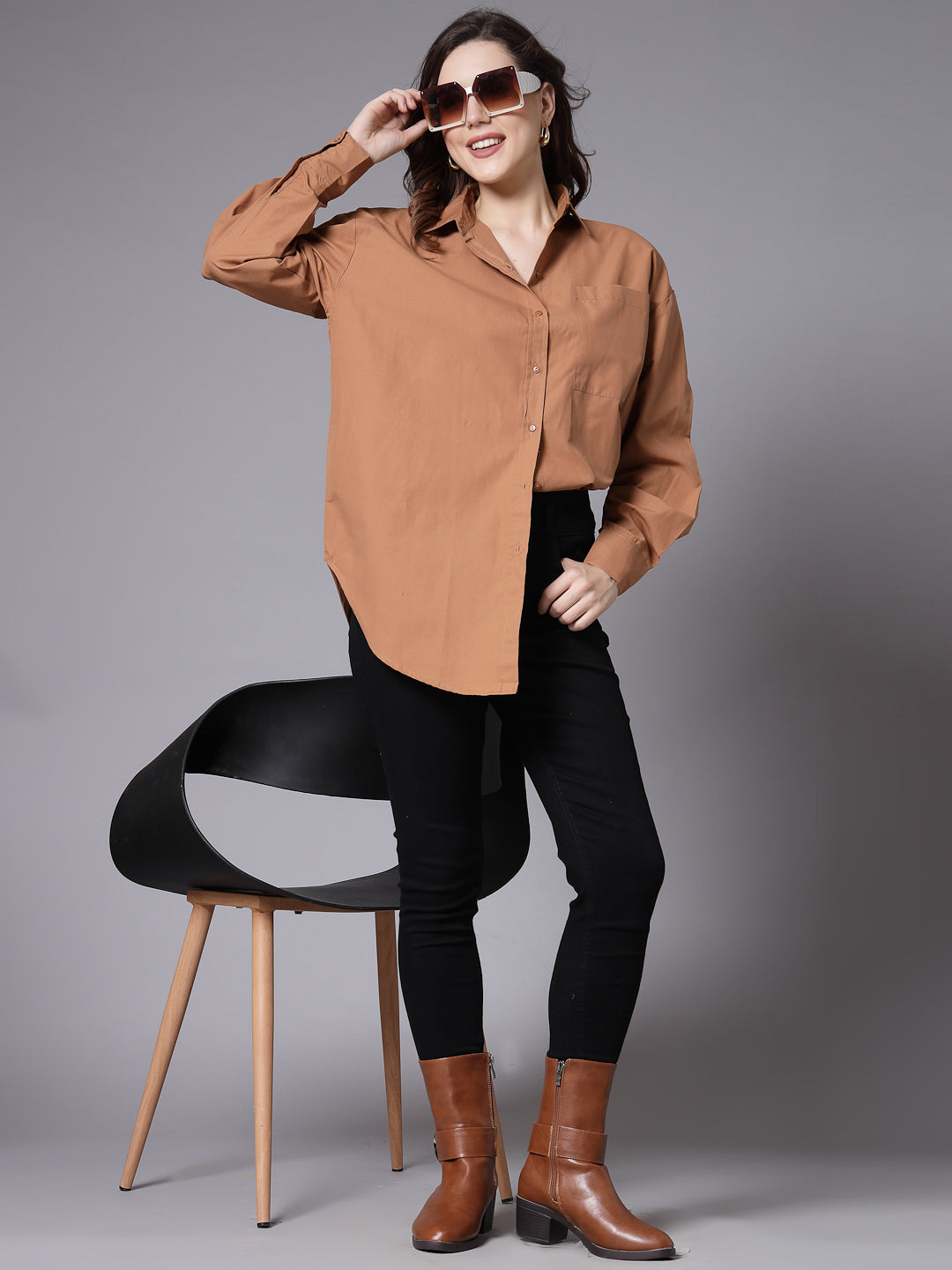 Style Quotient Women Solid Tan Cotton Smart Casual Oversized Shirt-Shirts-StyleQuotient