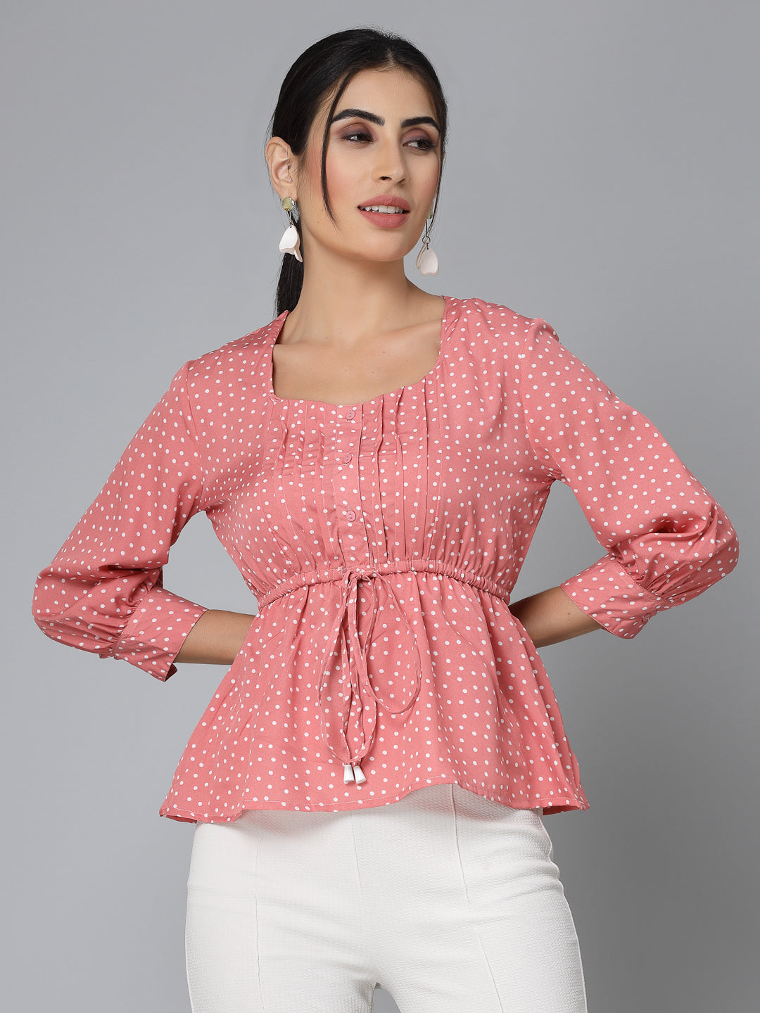 Style Quotient Women Pink And White Polka Print Polyester Smart Casual Top-Tops-StyleQuotient