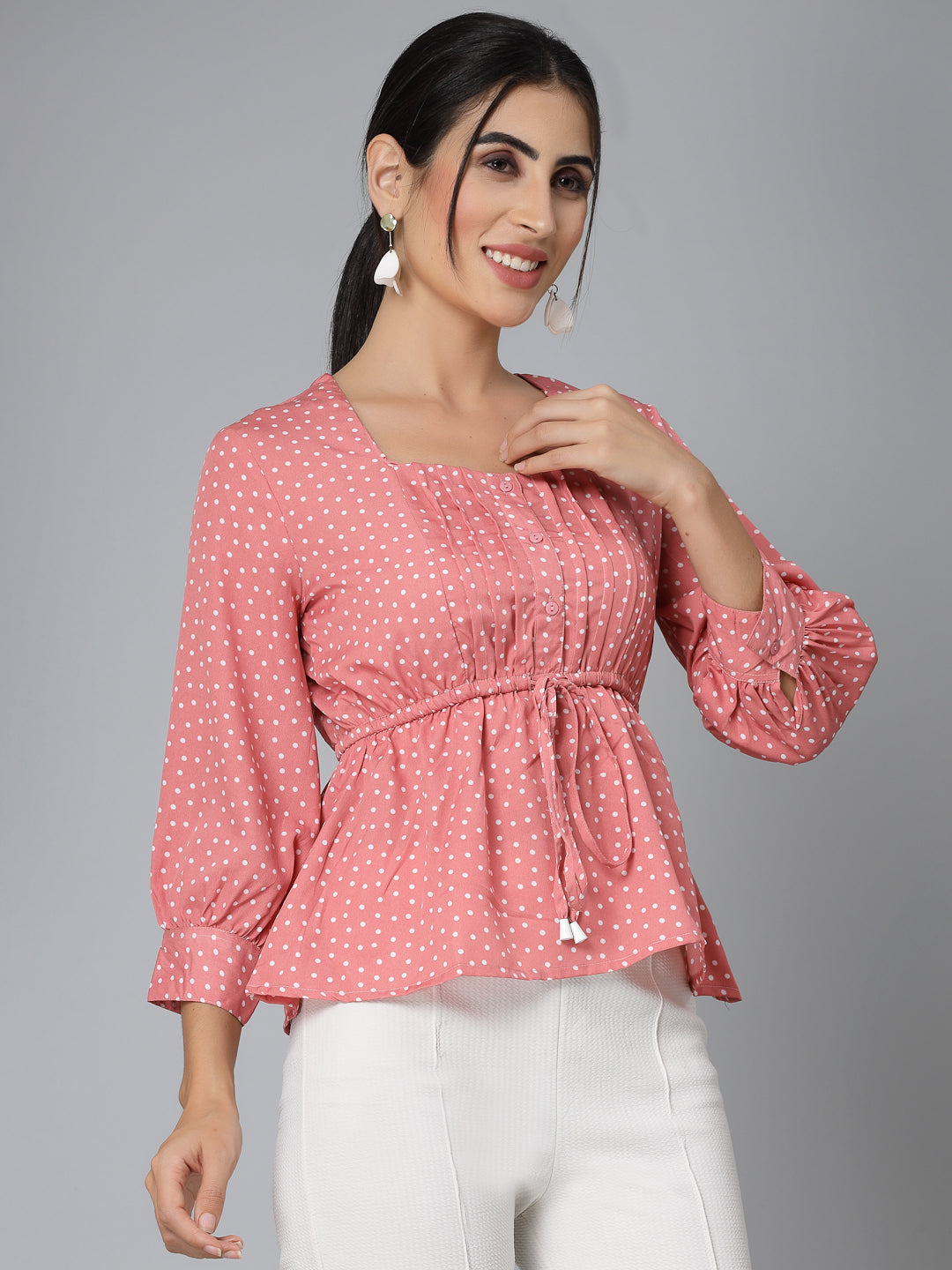 Style Quotient Women Pink And White Polka Print Polyester Smart Casual Top-Tops-StyleQuotient