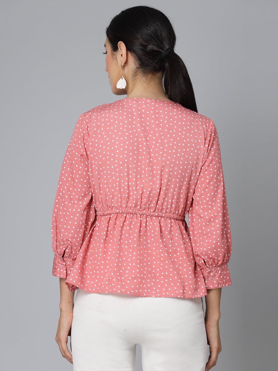 Style Quotient Women Pink And White Polka Print Polyester Smart Casual Top-Tops-StyleQuotient