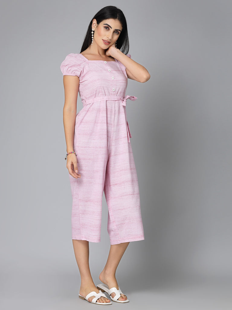 Style Quotient Women Solid Pink Cotton Regular Smart Casual Jumpsuit-Jumpsuits-StyleQuotient