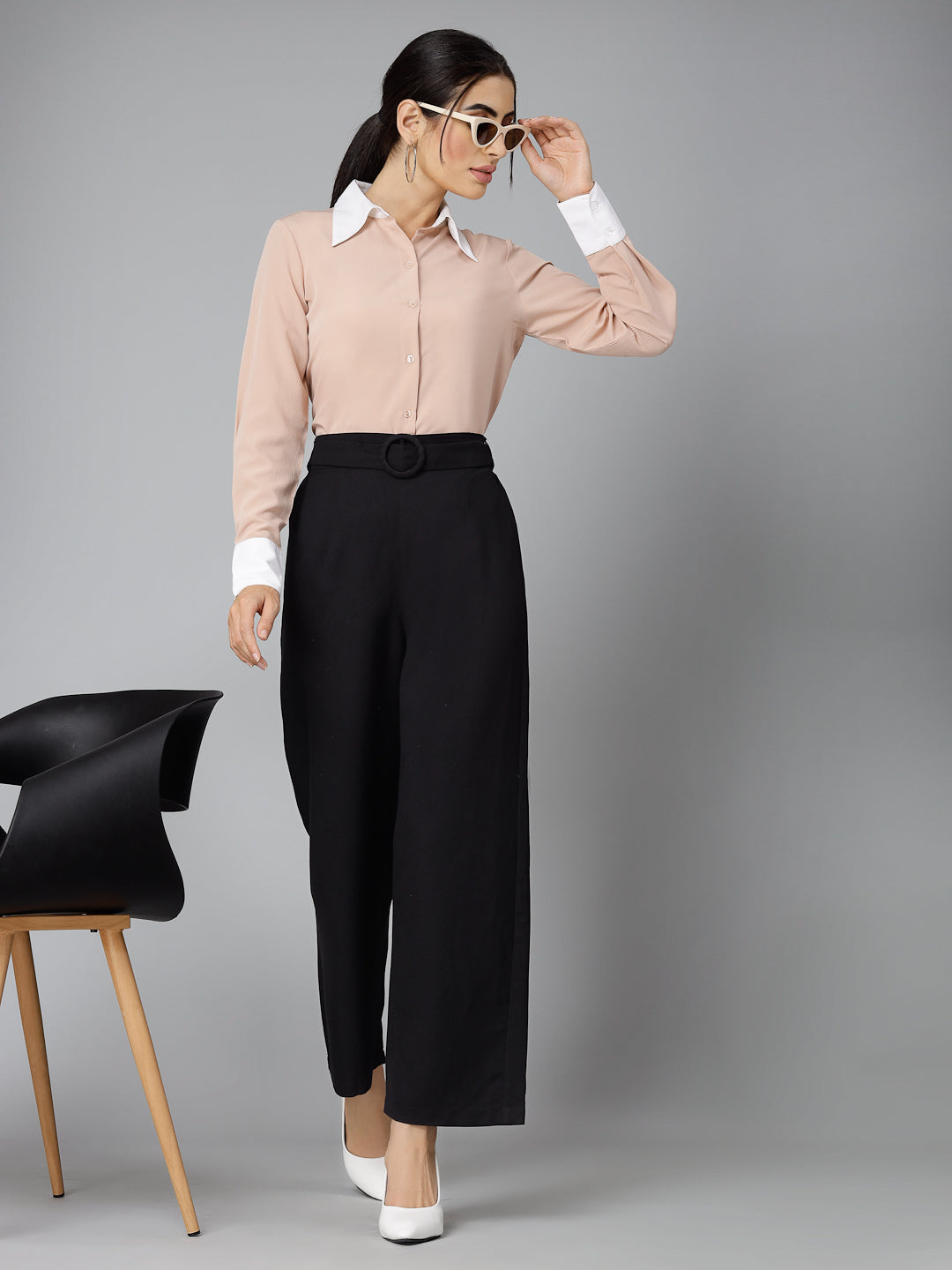 Style Quotients Women Nude Pink and White Polyester Formal Shirt-Shirts-StyleQuotient