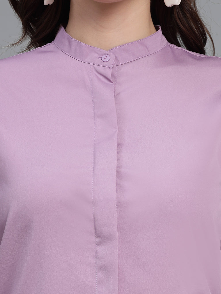 Style Quotient Woman formal lilac shirt with puffsleeve and band collar.-Shirts-StyleQuotient