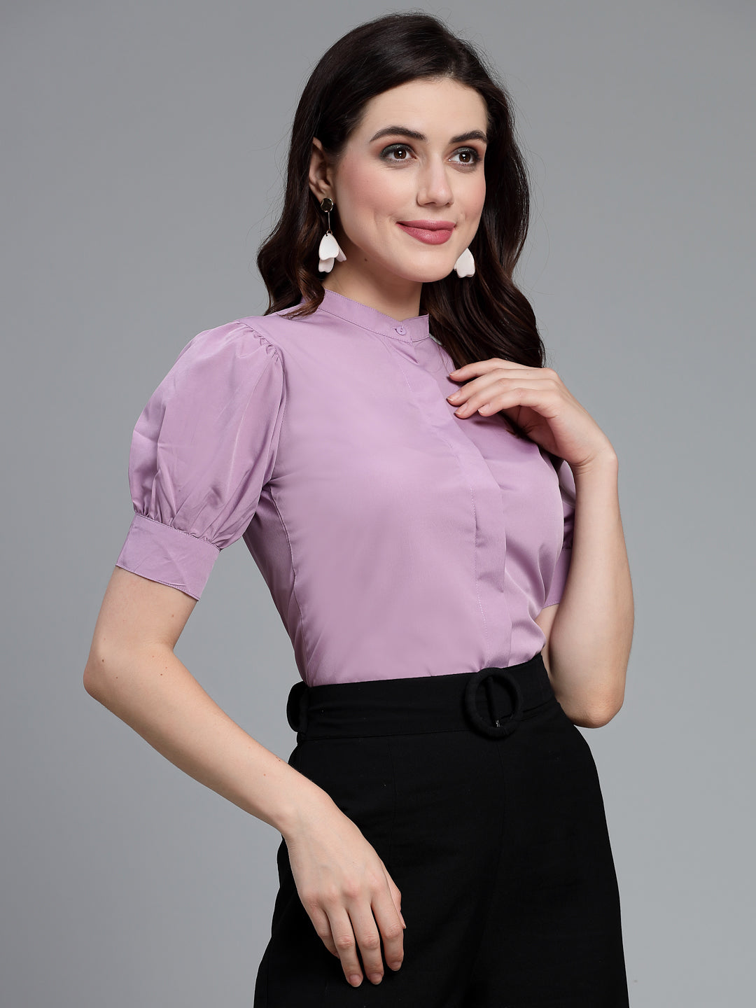 Style Quotient Woman formal lilac shirt with puffsleeve and band collar.-Shirts-StyleQuotient