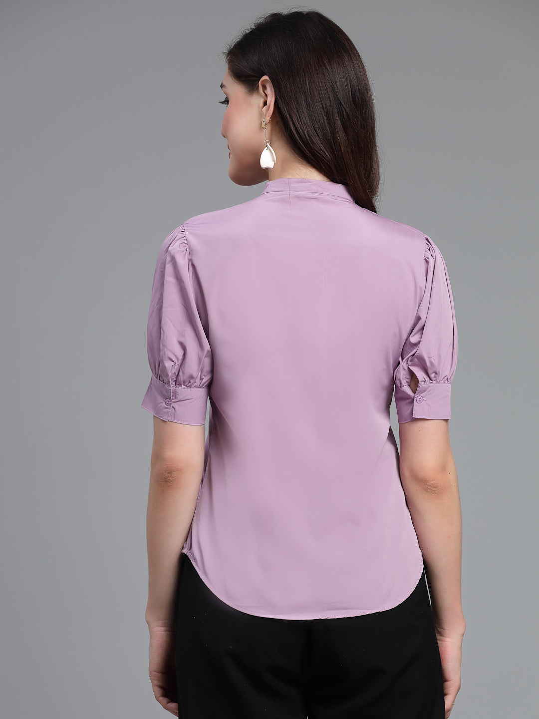 Style Quotient Woman formal lilac shirt with puffsleeve and band collar.-Shirts-StyleQuotient