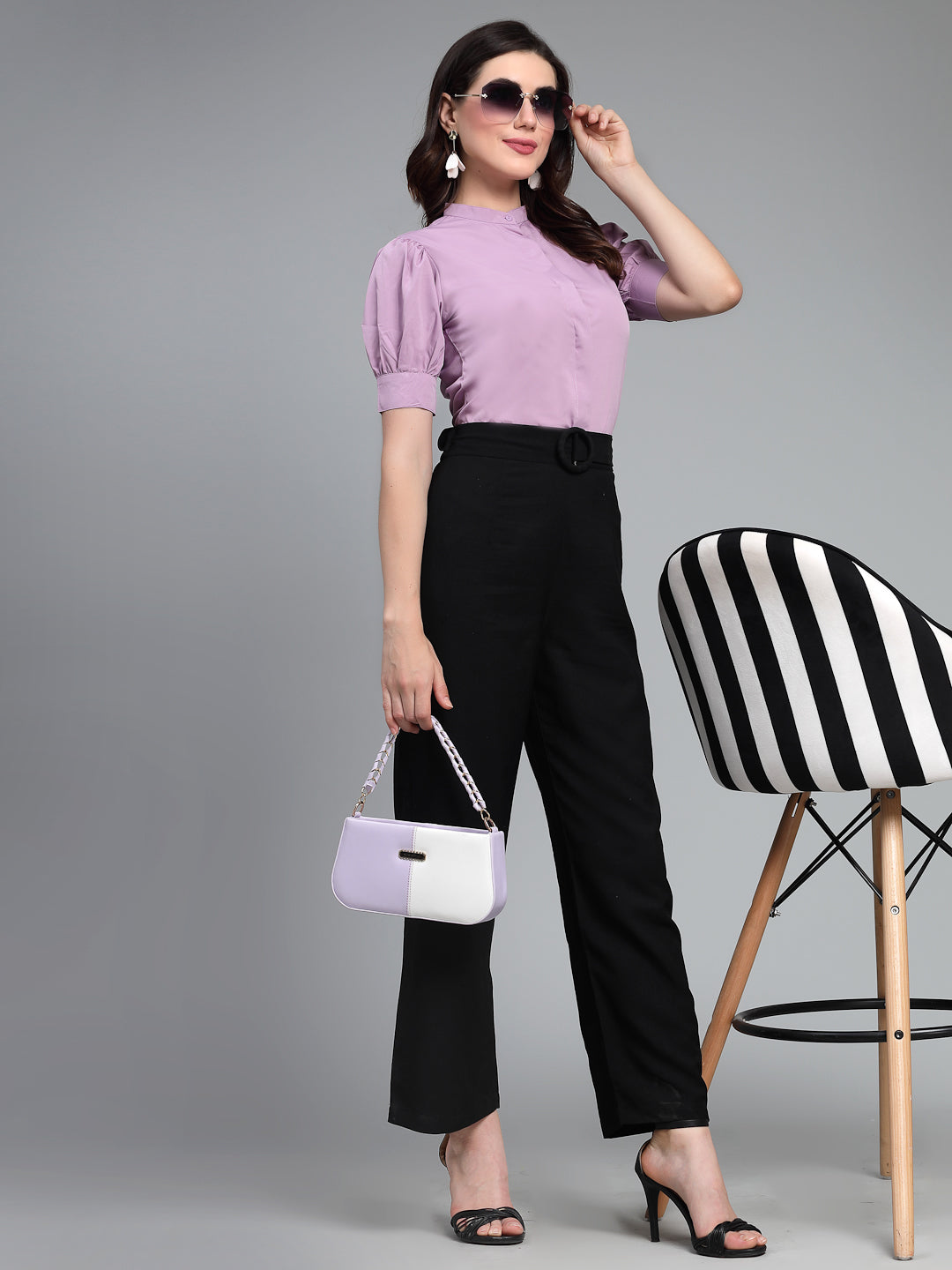 Style Quotient Woman formal lilac shirt with puffsleeve and band collar.-Shirts-StyleQuotient