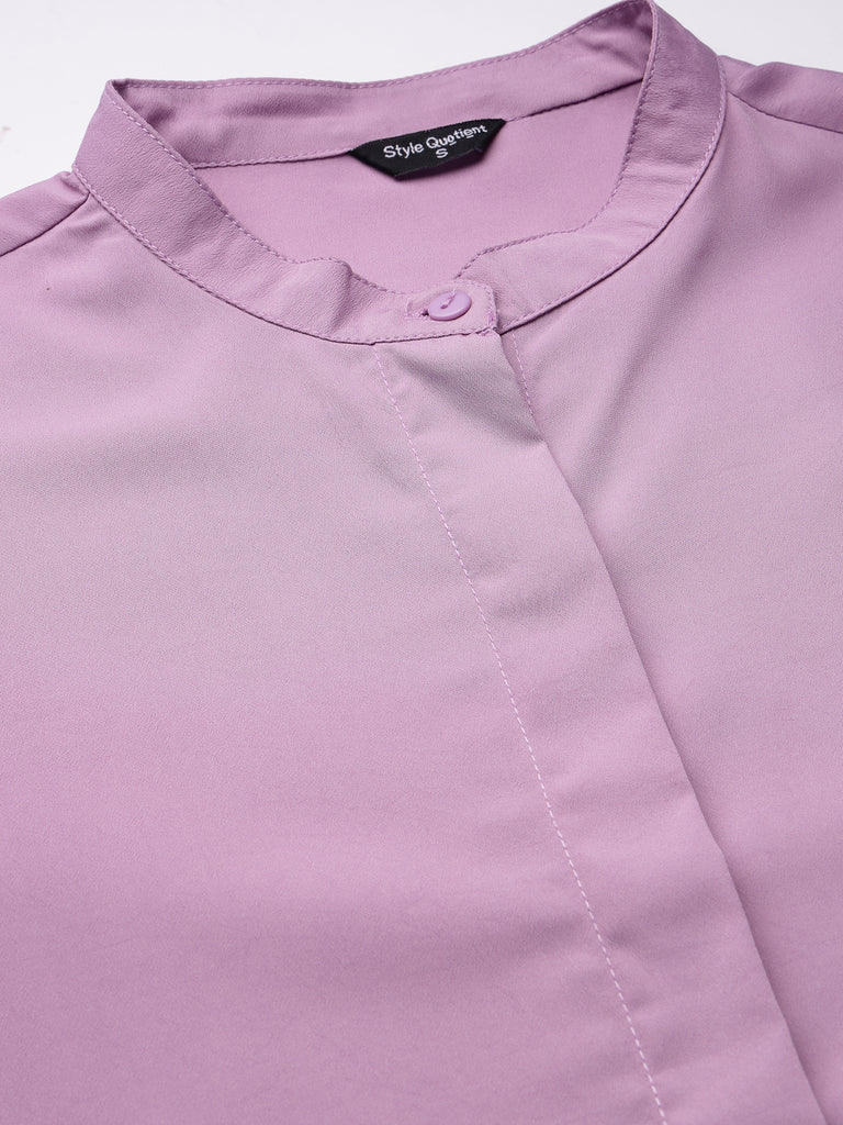 Style Quotient Woman formal lilac shirt with puffsleeve and band collar.-Shirts-StyleQuotient