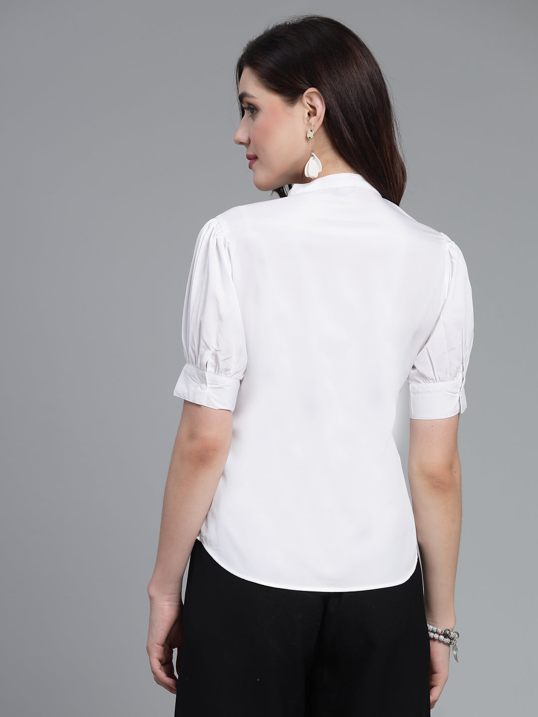Style Quotient Woman formal White shirt with puff sleeve and band collar.-Shirts-StyleQuotient