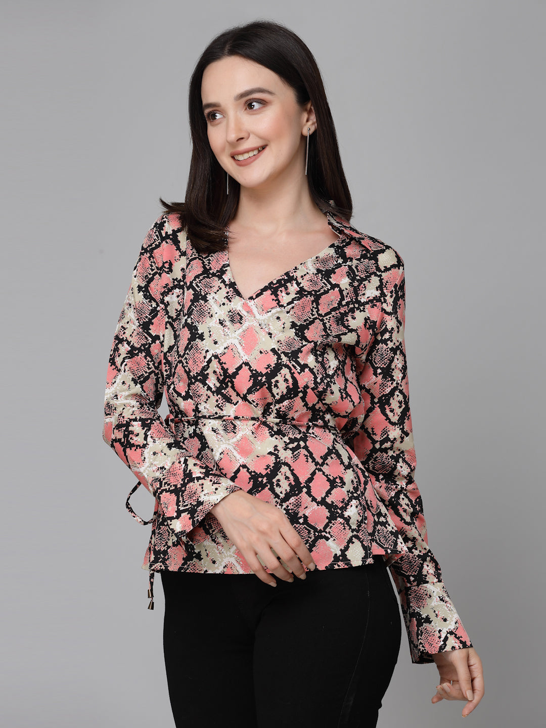 Style Quotient Women Pink And Black Animal Printed Polyester Smart Casual Top-Tops-StyleQuotient