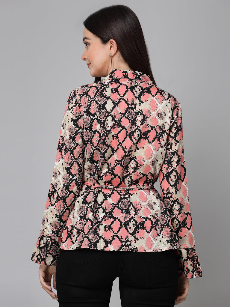 Style Quotient Women Pink And Black Animal Printed Polyester Smart Casual Top-Tops-StyleQuotient