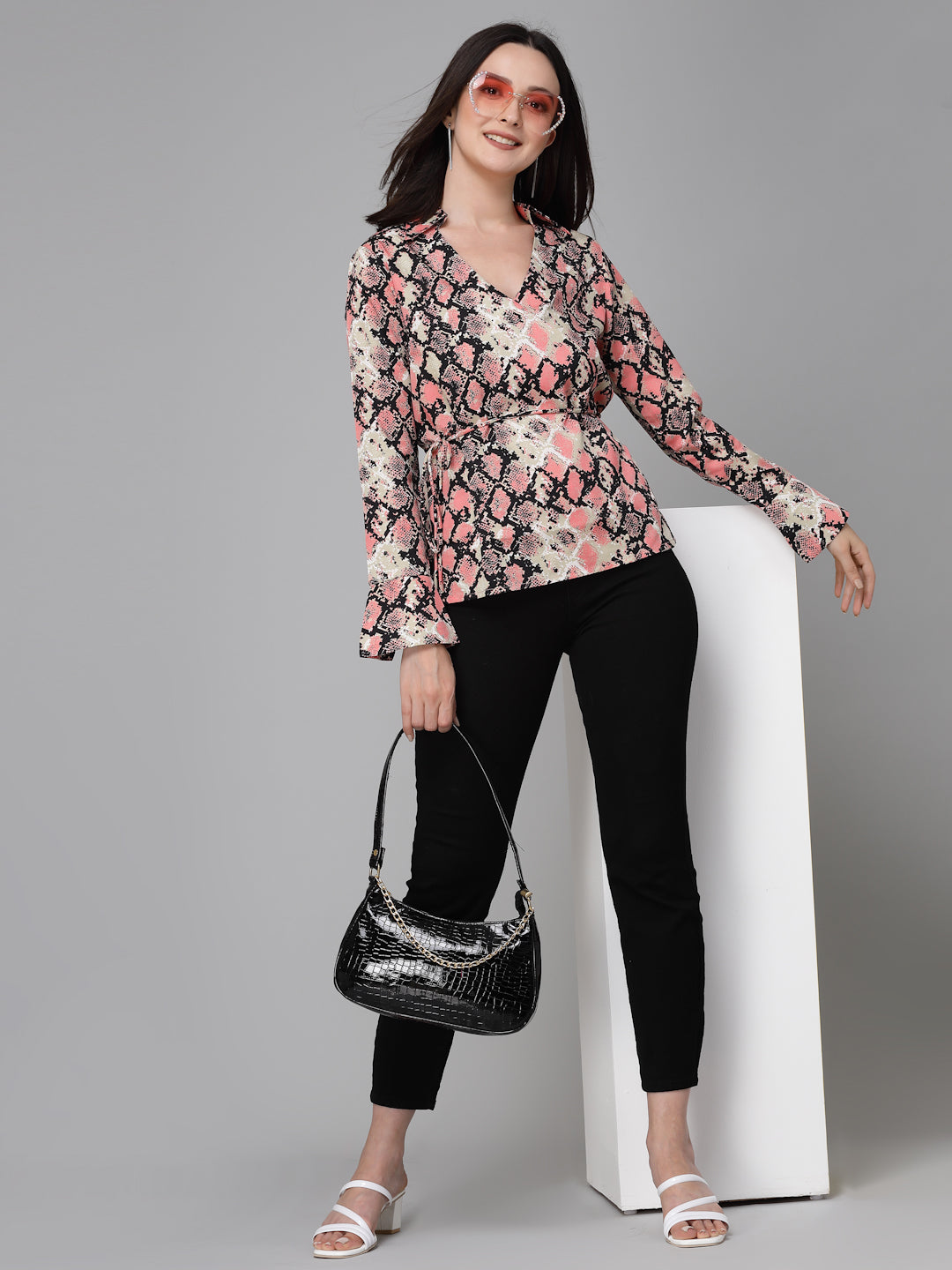 Style Quotient Women Pink And Black Animal Printed Polyester Smart Casual Top-Tops-StyleQuotient