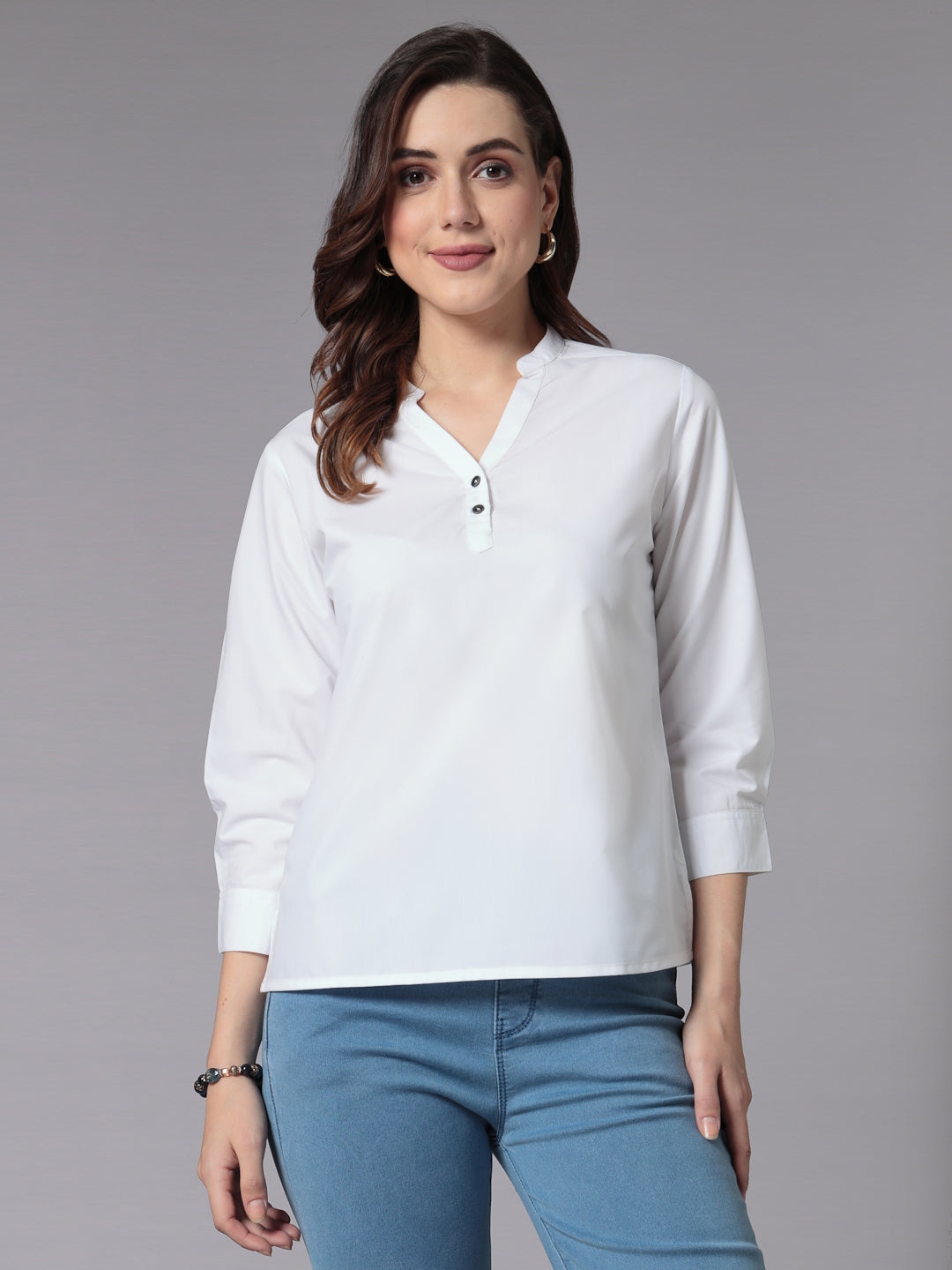 Style Quotient Women Solid White Polycotton Formal Top-Tops-StyleQuotient