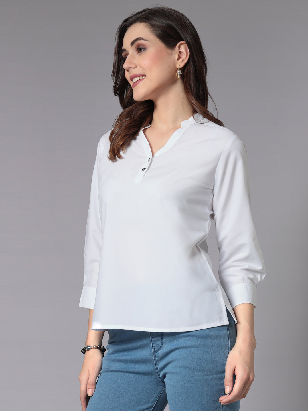 Style Quotient Women Solid White Polycotton Formal Top-Tops-StyleQuotient