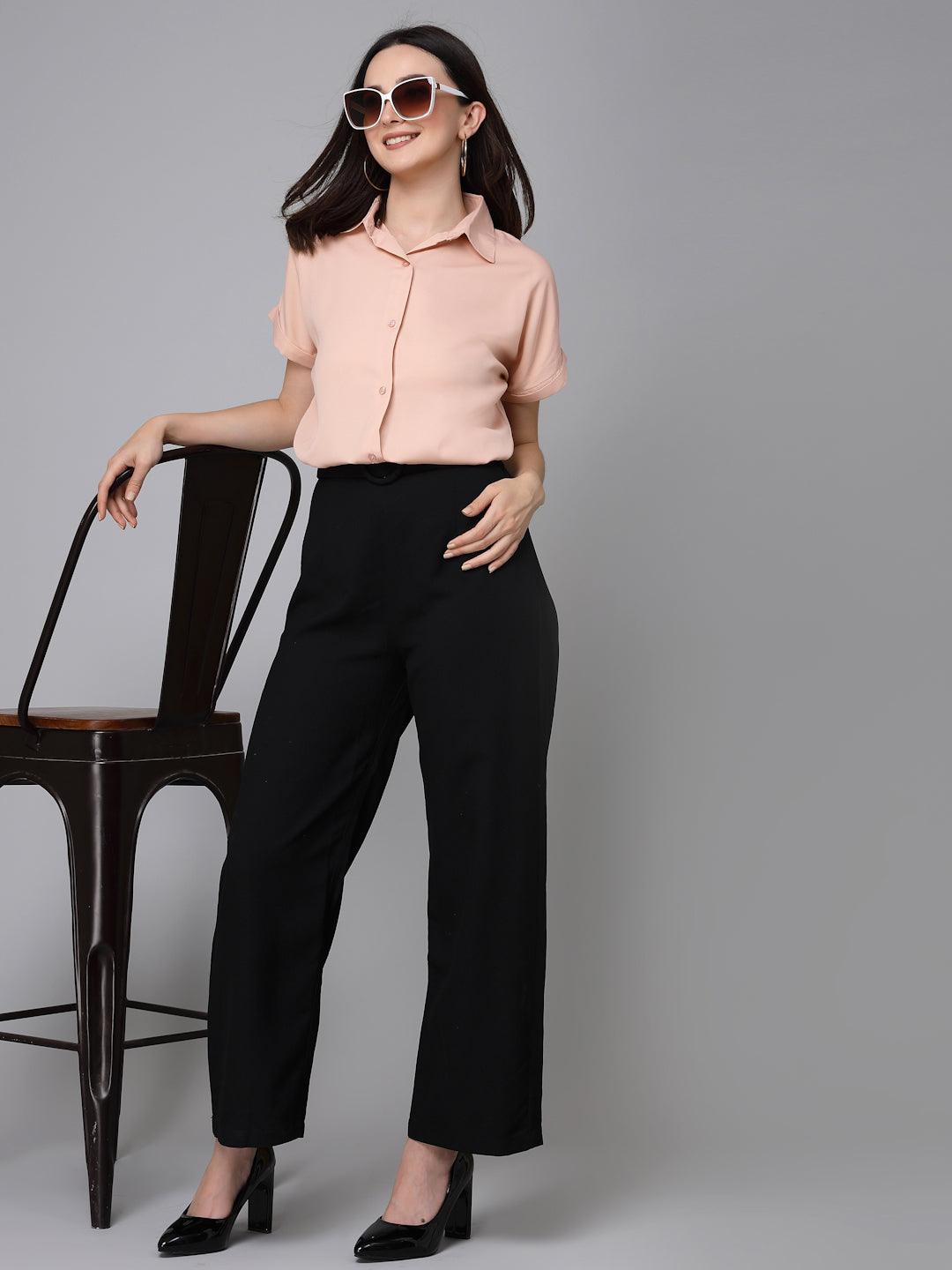 Style Quotient Women Solid Nude Polyester Formal Shirt-Shirts-StyleQuotient