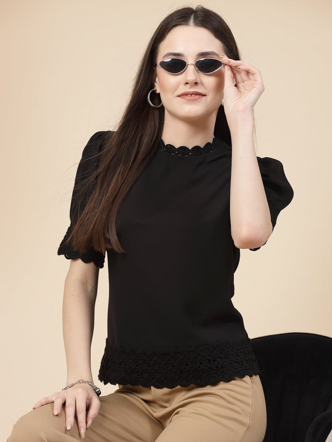 Style Quotient Women Solid Black Polycrepe Smart Casual Top-Tops-StyleQuotient