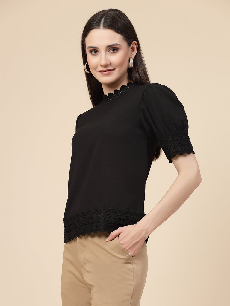 Style Quotient Women Solid Black Polycrepe Smart Casual Top-Tops-StyleQuotient