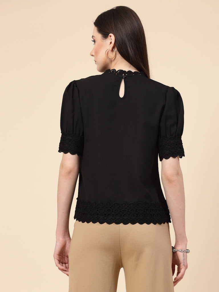 Style Quotient Women Solid Black Polycrepe Smart Casual Top-Tops-StyleQuotient